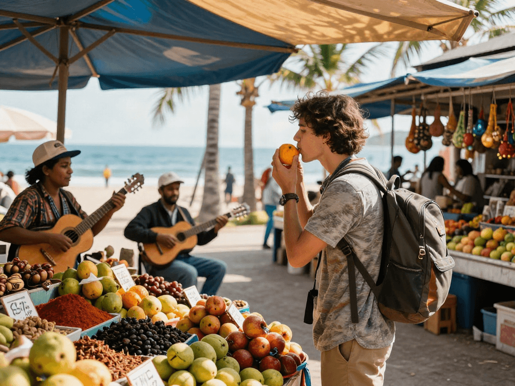 Engaging travel scene with individual exploring vibrant local market featuring fresh fruits and vendor interactions, highlighting slot qris 5k.