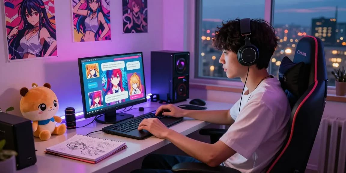 Engaging user in a vibrant hentai ai chat on a laptop, surrounded by anime art and colorful lights.