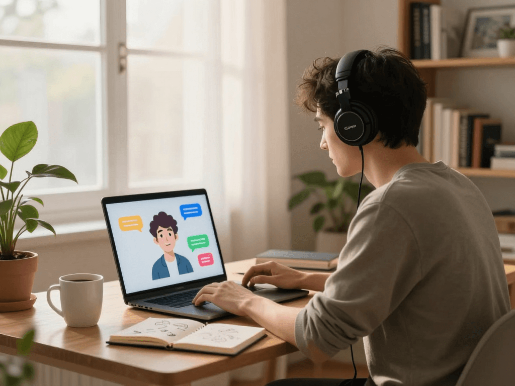 Engaging individual in cozy home office chatting with AI chat porn on laptop, vibrant atmosphere