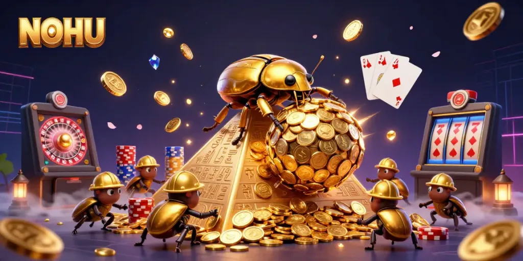 Experience thrilling gaming with NOHU as golden beetles roll coins in a vibrant casino wonderland.