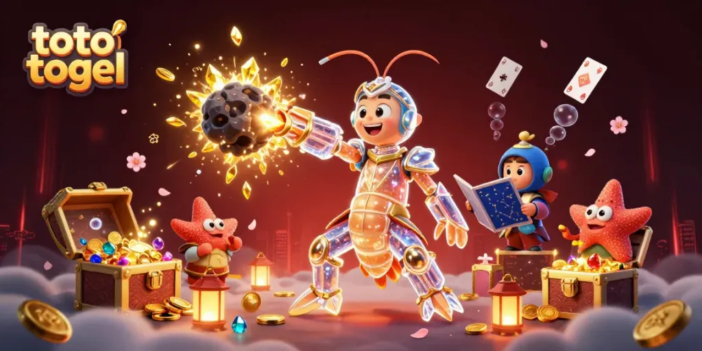 Menangkan hadiah besar dalam toto togel dengan ilustrasi samurai udang galaksi mencolok, dikelilingi oleh peti harta karun.