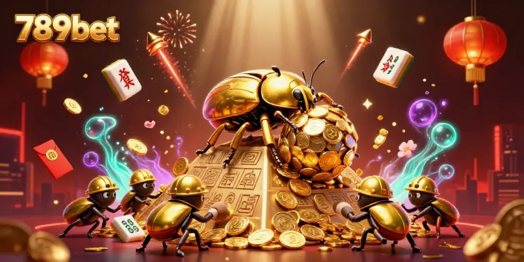 Experience excitement with 789bet as golden dung beetles roll coins at a vibrant casino scene.
