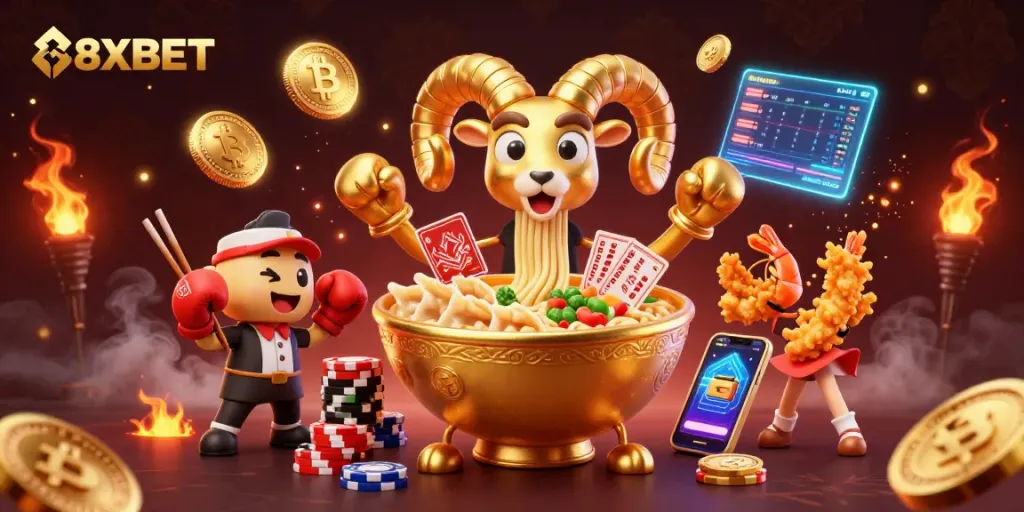 Engage with 8XBET in a vibrant casino scene featuring a playful ramen bowl, lively sushi dealer, and crypto elements.