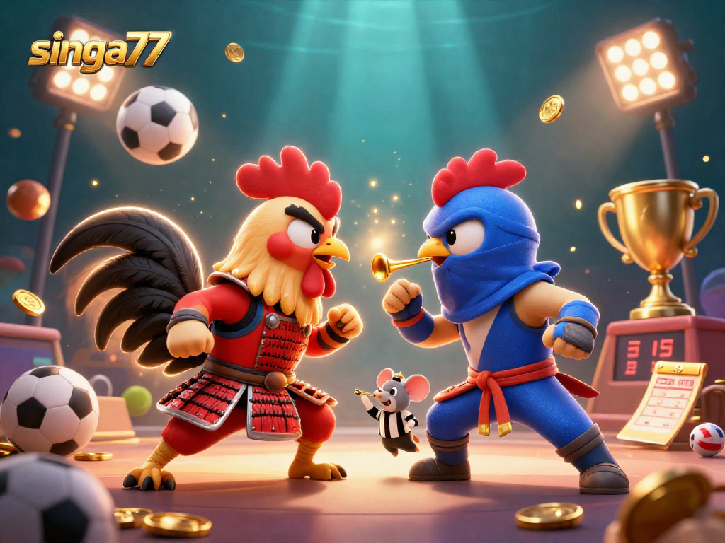 Singa77 showcases an epic clash of fighting roosters in a vibrant casino scene filled with thrilling betting action.