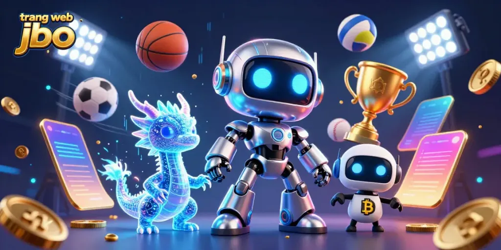 Experience betting excitement with JBO, featuring a cyberpunk robot and sports elements.