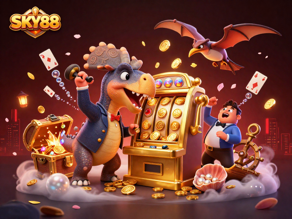 SKY88 offers a thrilling jackpot scene with cartoon dinosaurs, coins, and slots in a dynamic casino atmosphere.