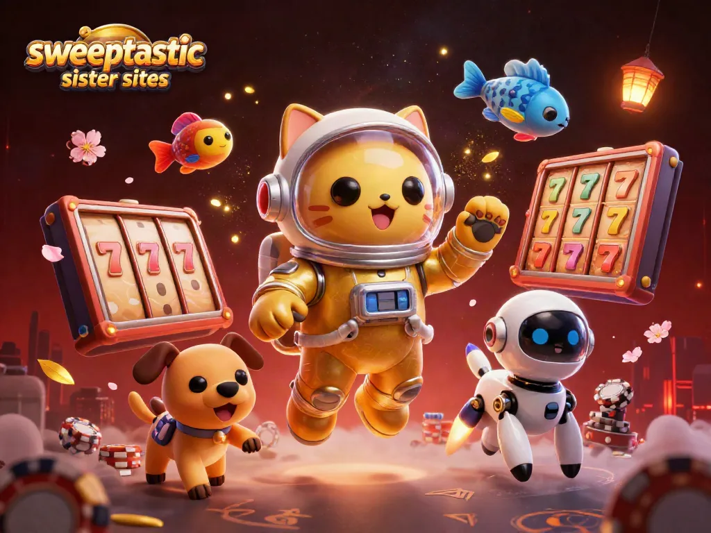 Sweeptastic sister sites showcase exciting gaming experiences with vibrant slot reels and colorful casino elements.