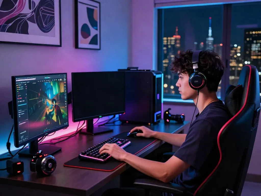 Intense gamer immersed in luxury gaming setup at night with multiple screens and RGB lighting, showcasing luxury111.