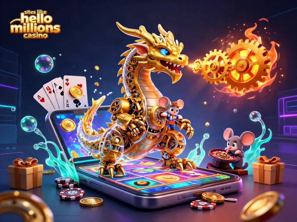 Experience sites like Hello Millions Casino with exciting games, bonuses, and rich rewards in a vibrant illustration.