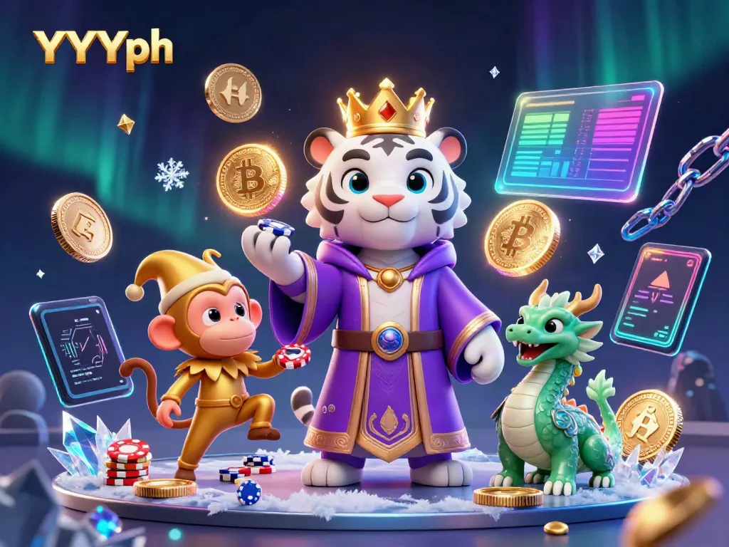 Experience thrilling gameplay at YYYph with a vibrant illustration of lucky characters and crypto elements.