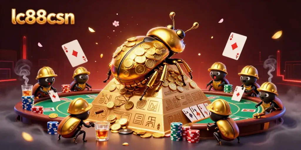 Experience the lively world of lc88csn, where golden beetles roll coins in a vibrant casino scene.