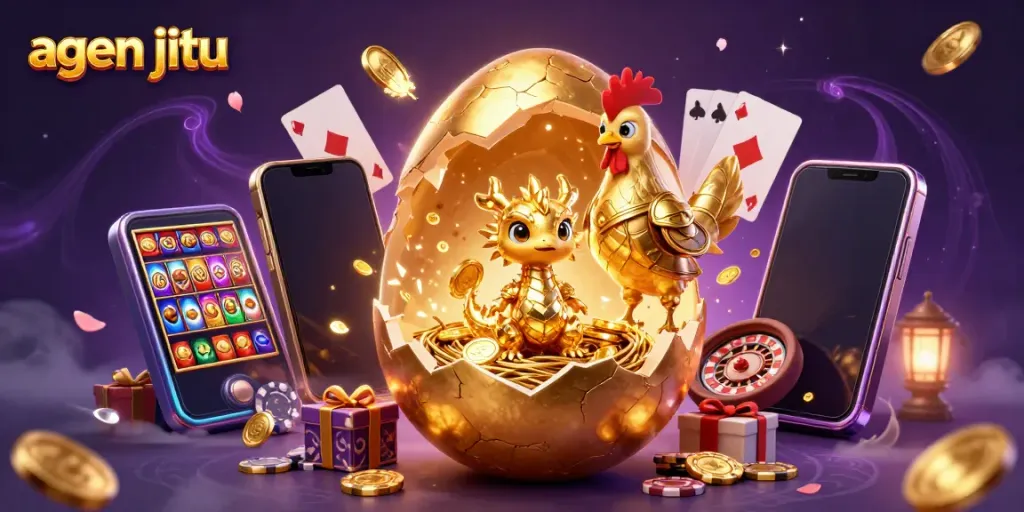 Permainan seru agen jitu dengan naga emas dan chip poker yang memberi semangat menang.