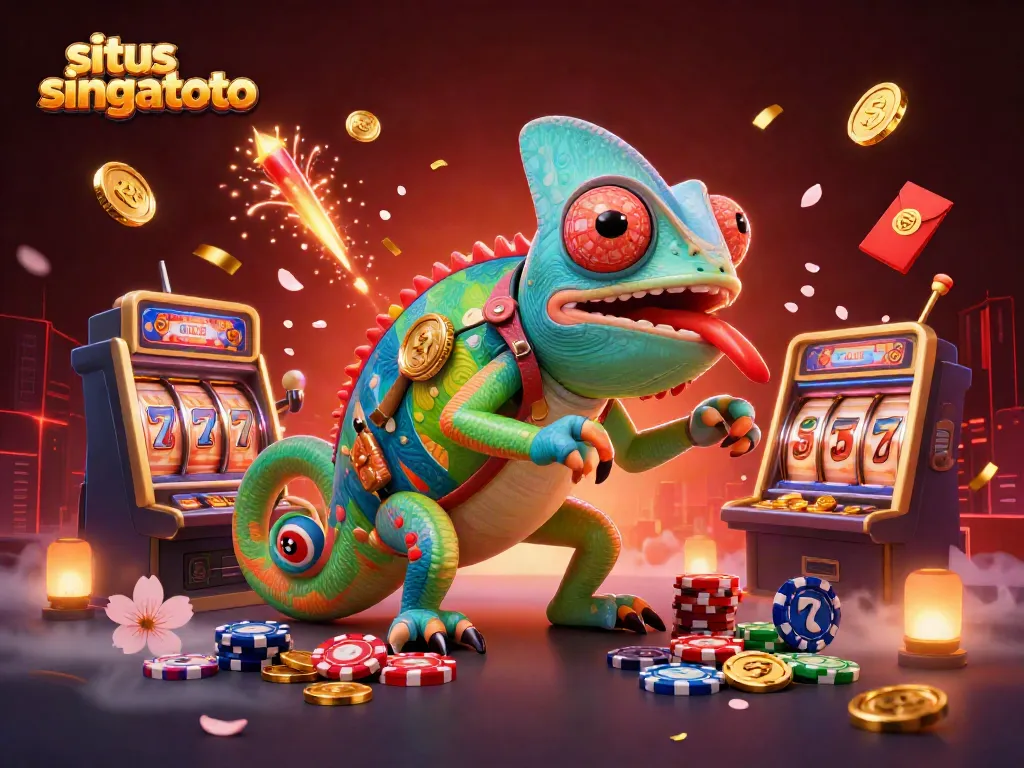 Engage with situs singatoto as a colorful chameleon casino owner captures golden coins amidst spinning slots.