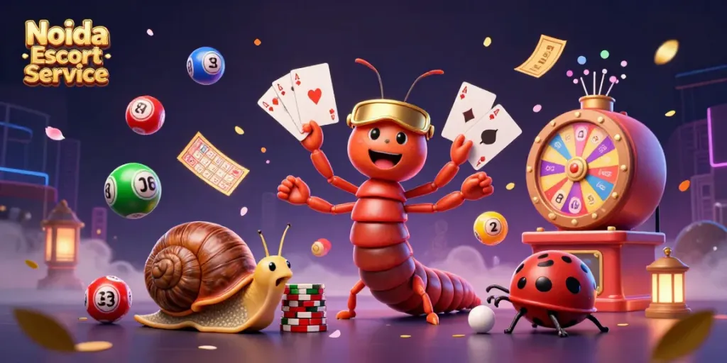 A vibrant and energetic scene illustrating the Noida Escort Service featuring a millipede dealer and high-roller characters surrounded by dynamic lottery-themed elements.