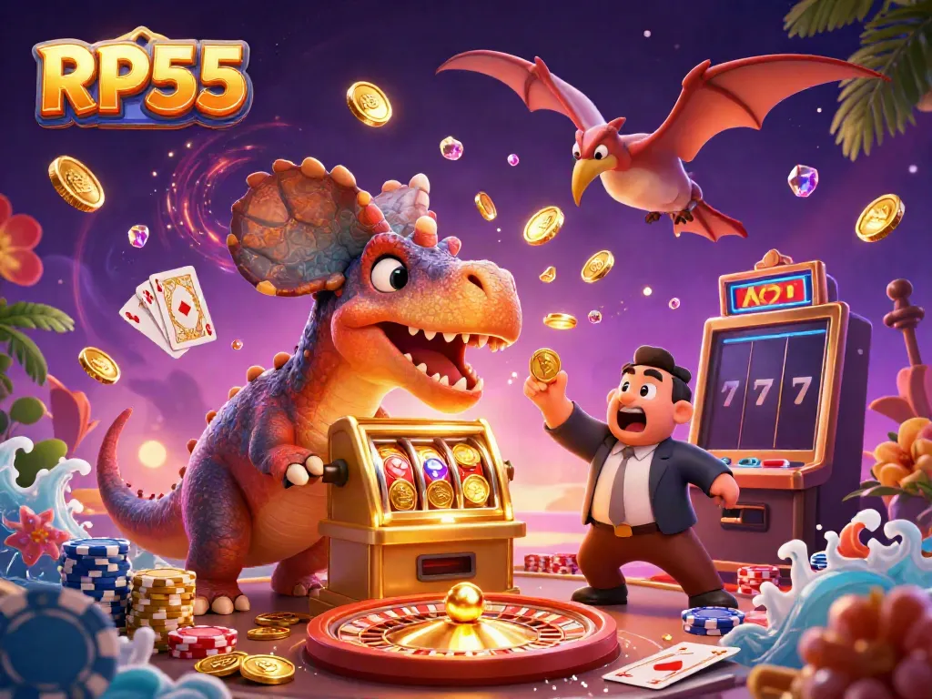 RP55 A cartoon pachycephalosaurus winning coins from a golden slot machine in a vibrant casino setting