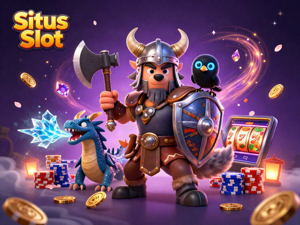 Situs Slot scene featuring Viking wolf warrior, dragon, and coins depicting dynamic casino elements