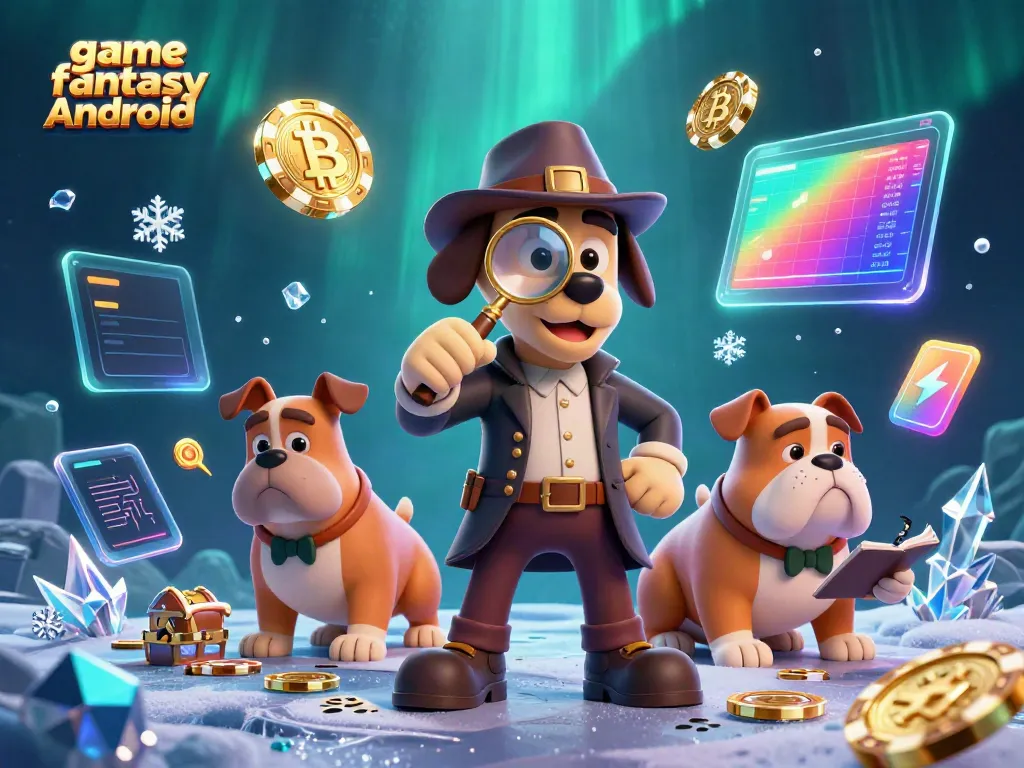 Gambar permainan game fantasy Android dengan detektif anjing menyelidiki chip poker emas dan elemen kasino digital.