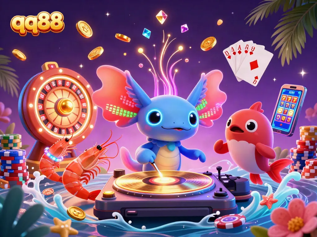 Experience exhilarating moments at qq88 with a vibrant scene of a neon-colored axolotl DJ and dynamic casino elements.