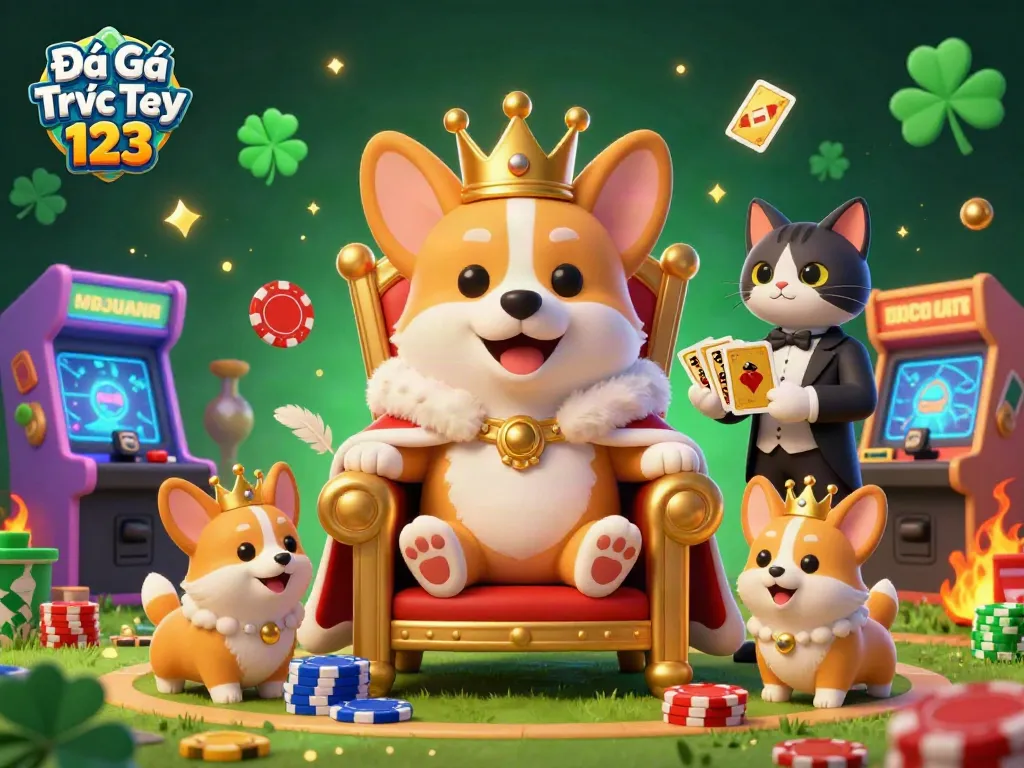 View Đá Gà Trực Tiếp 123 illustrated scene showcasing a royal corgi and gaming elements.