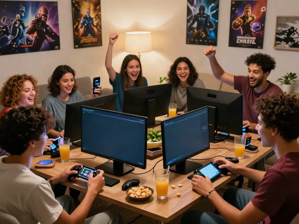 Friends enjoying akunjp slot games in a cozy living room