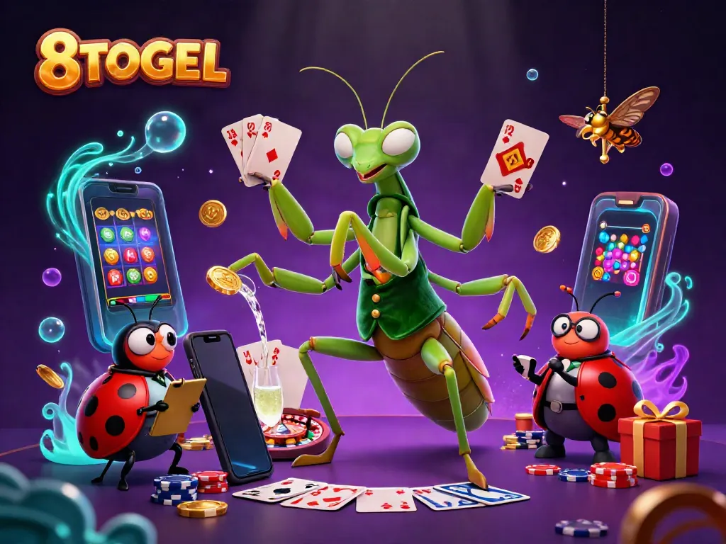 Experience thrilling gameplay with 8TOGEL's vibrant illustration of a gaming scene, featuring colorful slot games and playful characters.
