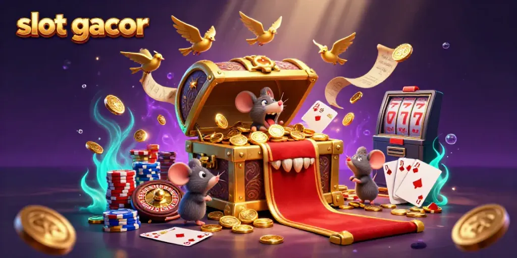 Ilustrasi slot gacor dengan karakter peti harta karun dan mata uang emas yang menarik pemain dengan perolehan hadiah menarik.