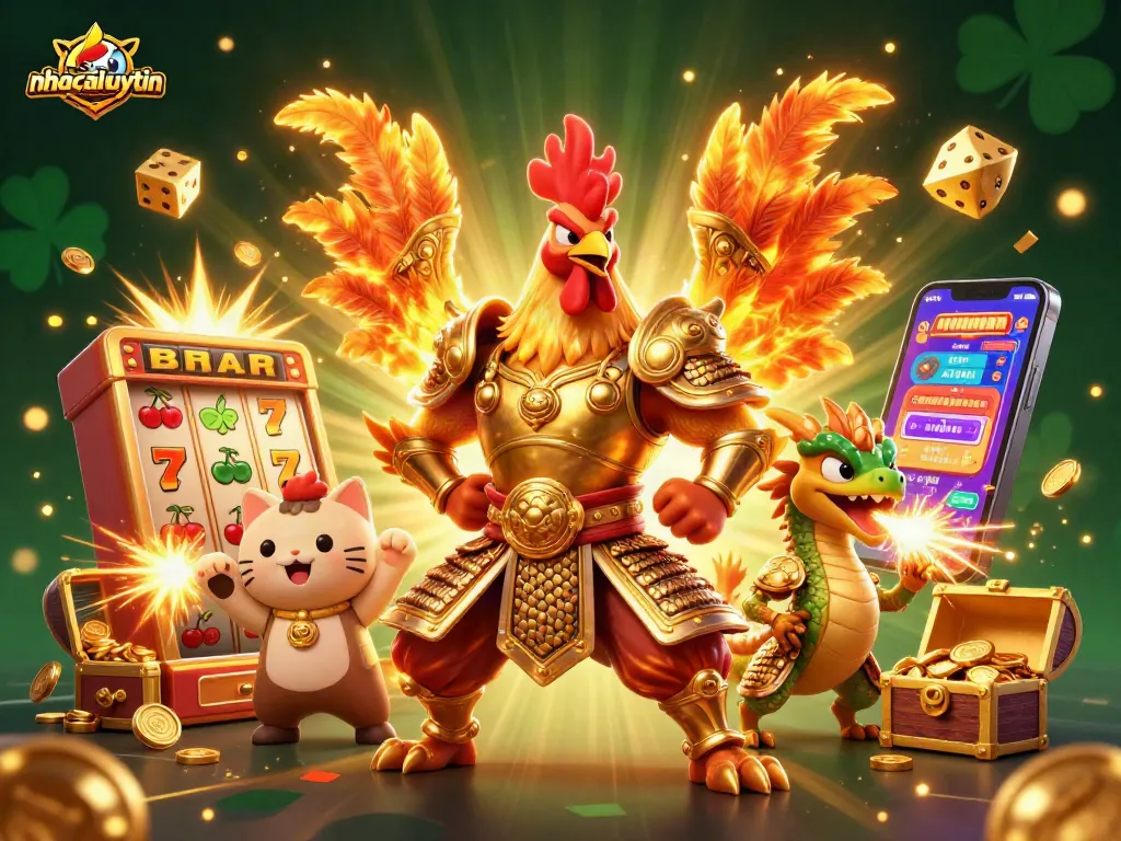 Engage in thrilling gameplay with nhacaiuytin: a dynamic scene featuring a rooster warrior and dragon in a casino explosion.