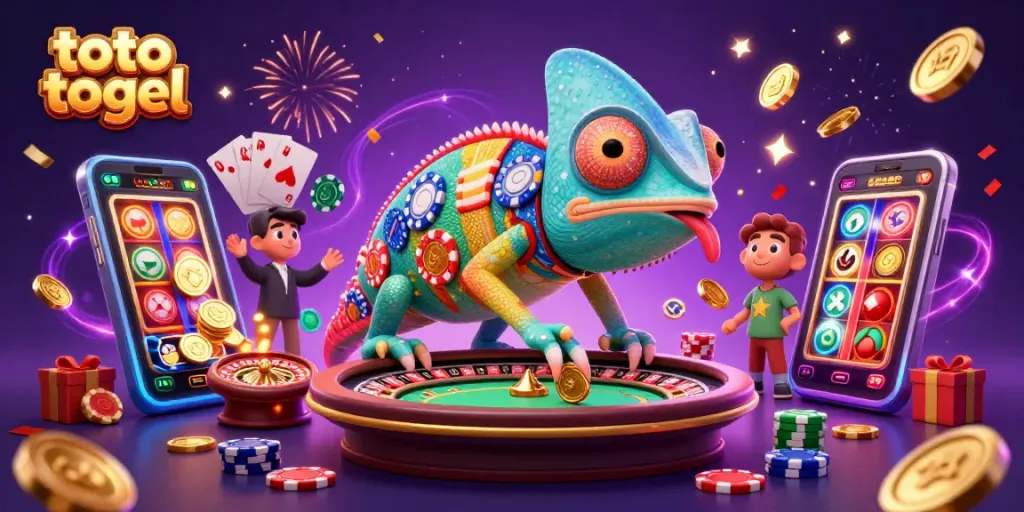 Gambaran ilustrasi kasino 3D yang menampilkan toto togel dengan keceriaan dan elemen permainan yang meriah.