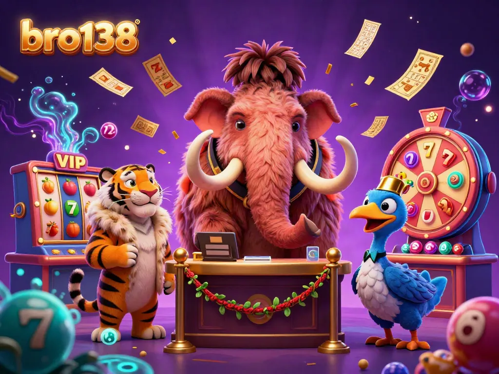 Experience vibrant gaming at bro138 with a cartoon bouncer and vibrant casino elements.