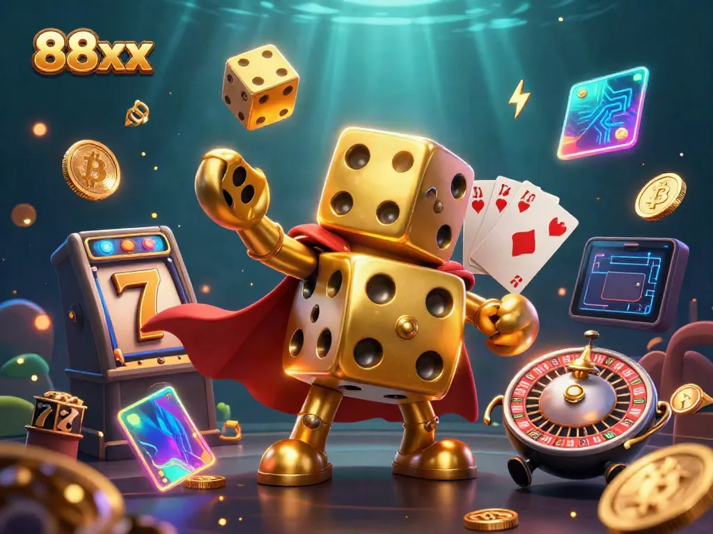 Explore the vibrant world of 88xx with a dynamic illustration featuring a golden dice golem and thrilling casino elements.