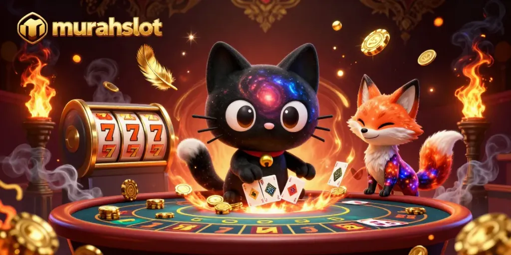 Murahslot menampilkan kucing hitam lubang hitam bermain slot, menarik chip emas dan kartu