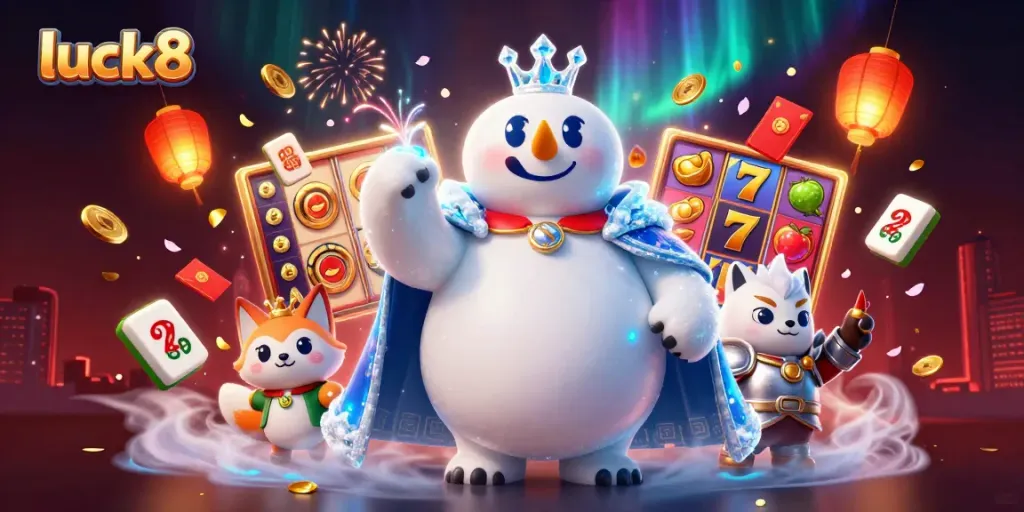 Engage with luck8's captivating 3D casino scene showcasing slot reels, jackpots, and vibrant game elements for gamblers.