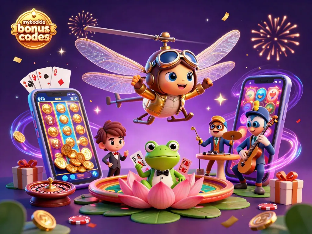 Experience winning with mybookie bonus codes in a lively casino scene featuring unique characters.