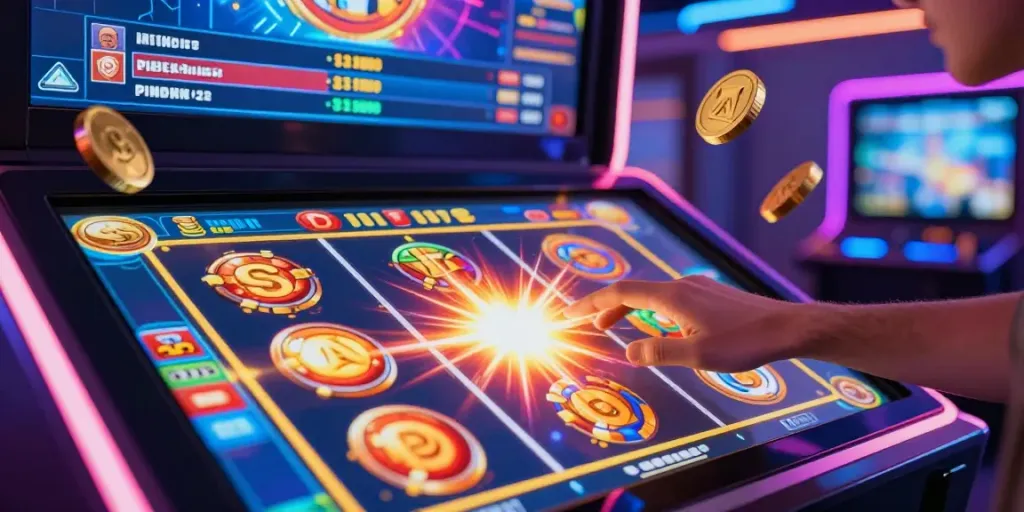 Player spinning a slot game on a vibrant online casino interface, showcasing excitement and dynamic animations.