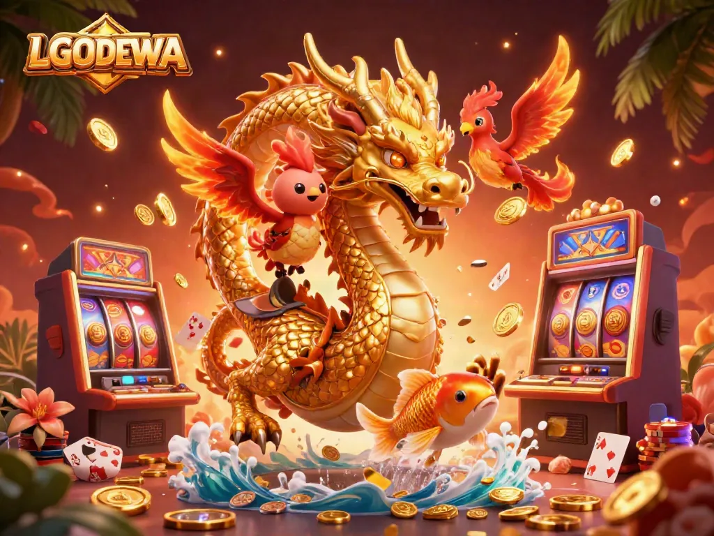 Experience the thrill of LGODEWA with a majestic dragon, phoenix, and koi fish in a casino setting.