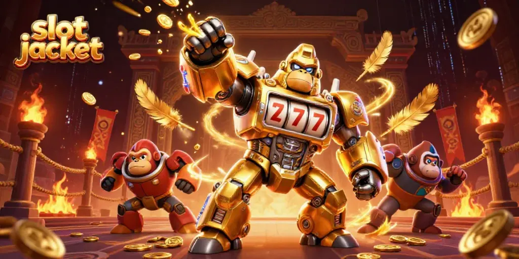 Experience excitement as a golden gorilla mech celebrates winning a slot jackpot amidst dazzling coins and vibrant effects.