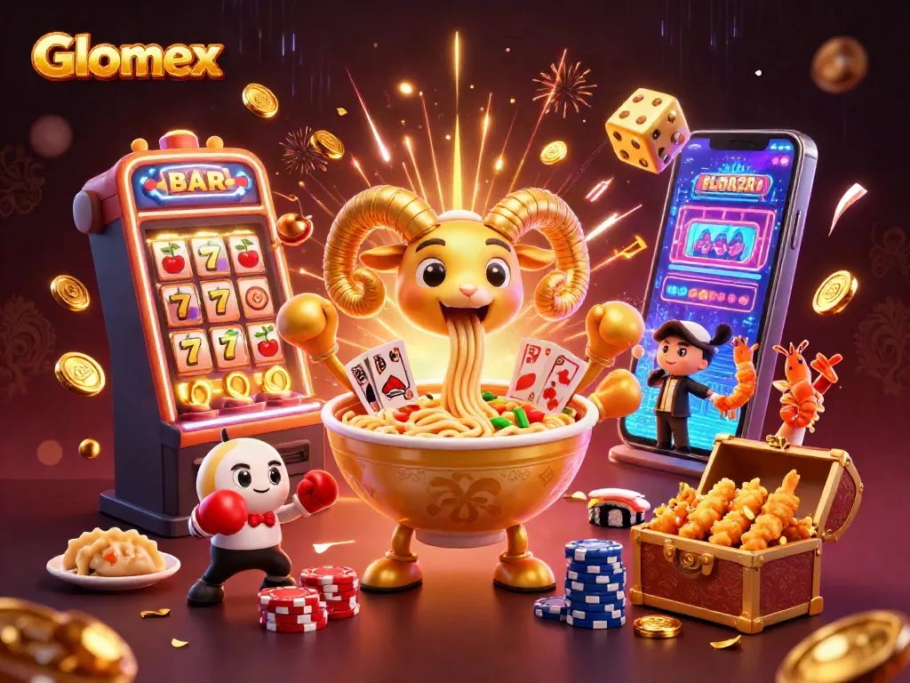 Glomex engages players with a vibrant casino scene, featuring animated characters and dynamic gambling action.
