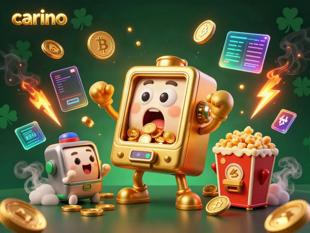 Experience the excitement at carino's casino as a golden slot machine hits a jackpot surrounded by cheering mini machines.