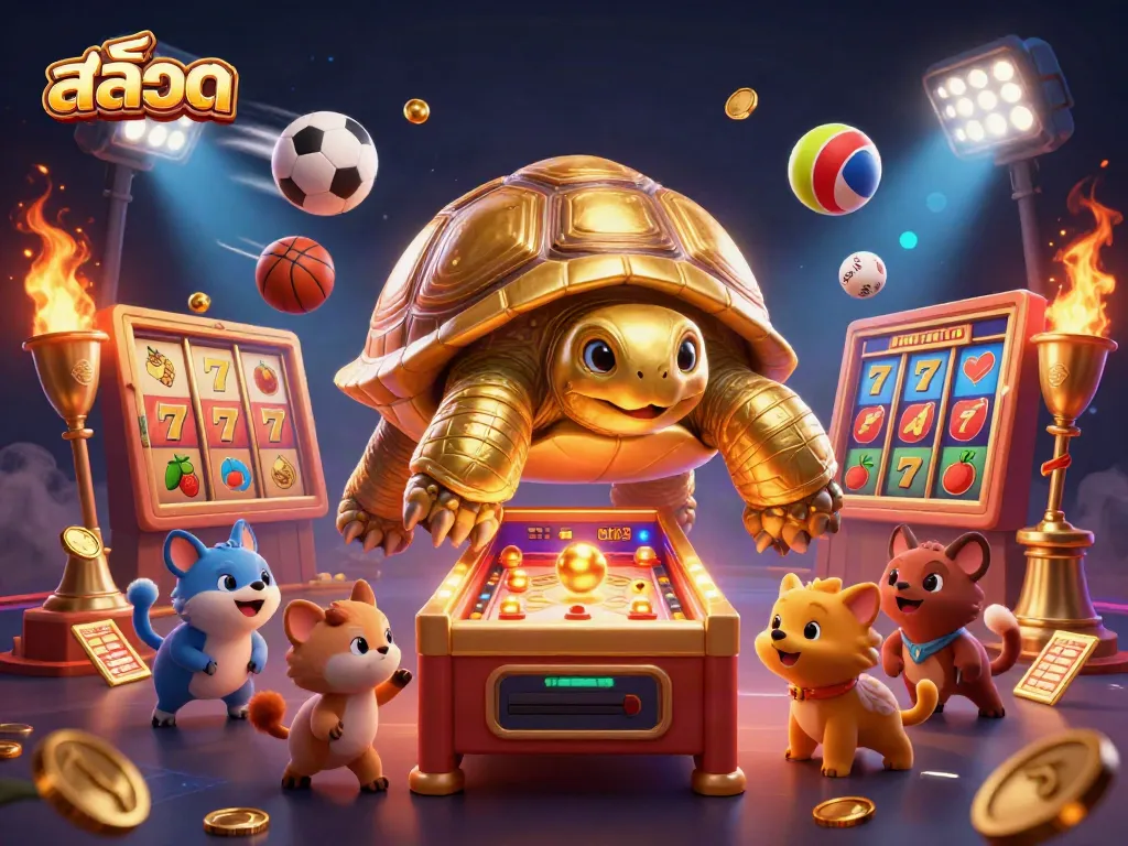 สนุกกับเกมสล็อต สล็อตแมชชีน โดยมีสัญลักษณ์ Lucky 7 และเหรียญทองที่กำลังหมุนอยู่