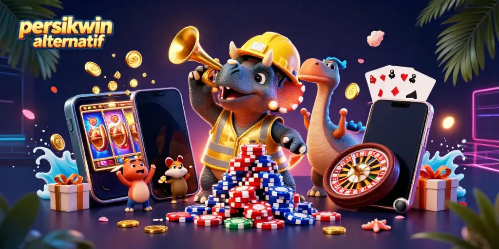 Triceratops dan parasaurolophus merayakan persikwin alternatif dengan chip poker dan permainan slot.