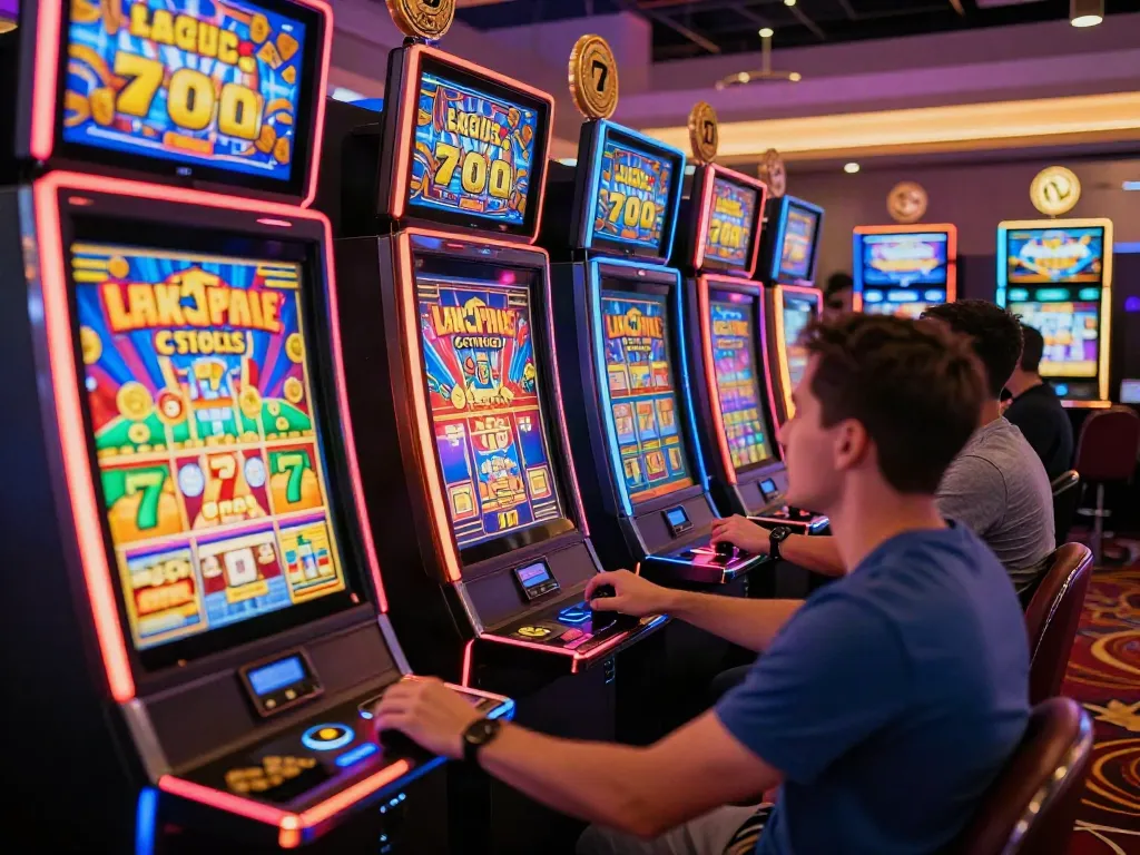 Lucky777 gaming scene with players enjoying vibrant slot machines and exciting wins