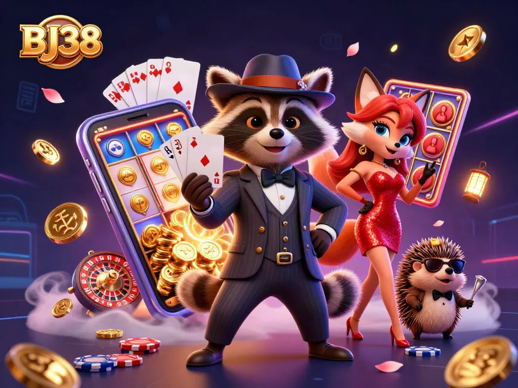 Experience the excitement of BJ38 with a raccoon in a royal flush hand amidst vibrant slot game elements.