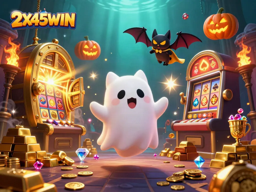 Menggandakan kemenangan dengan 2X45WIN di kasino 2026, menampilkan kucing hantu dan badak di atmosfer magis.
