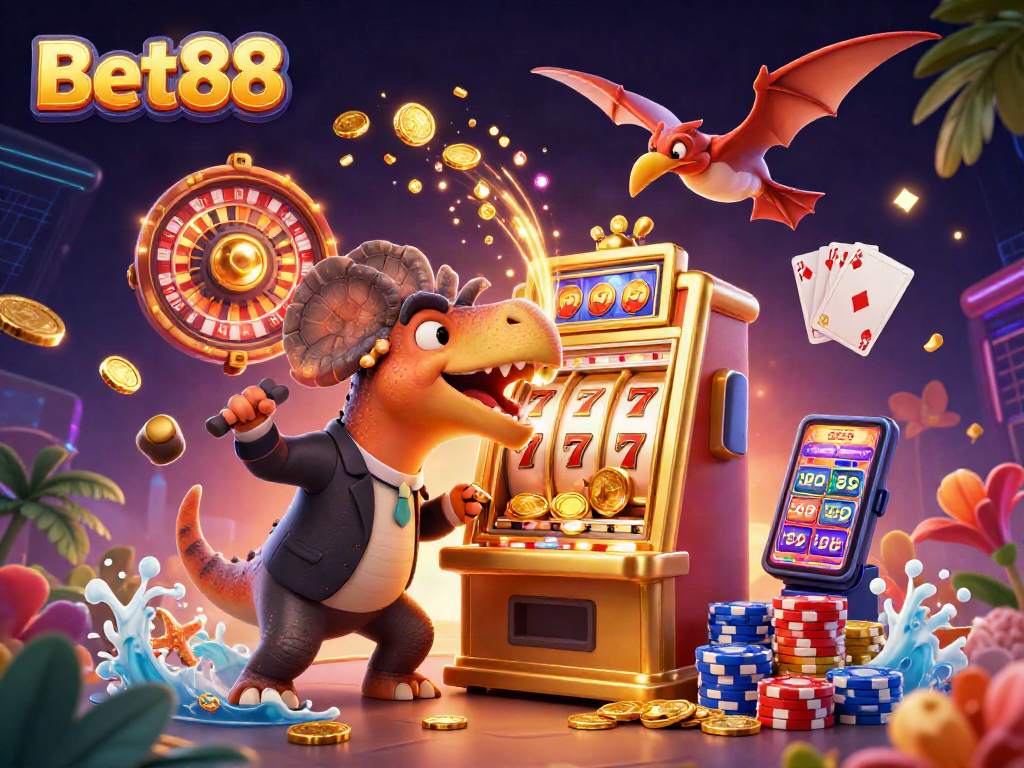 Bet88 showcases a frenetic casino scene with a dinosaur winning a jackpot amidst flying coins.