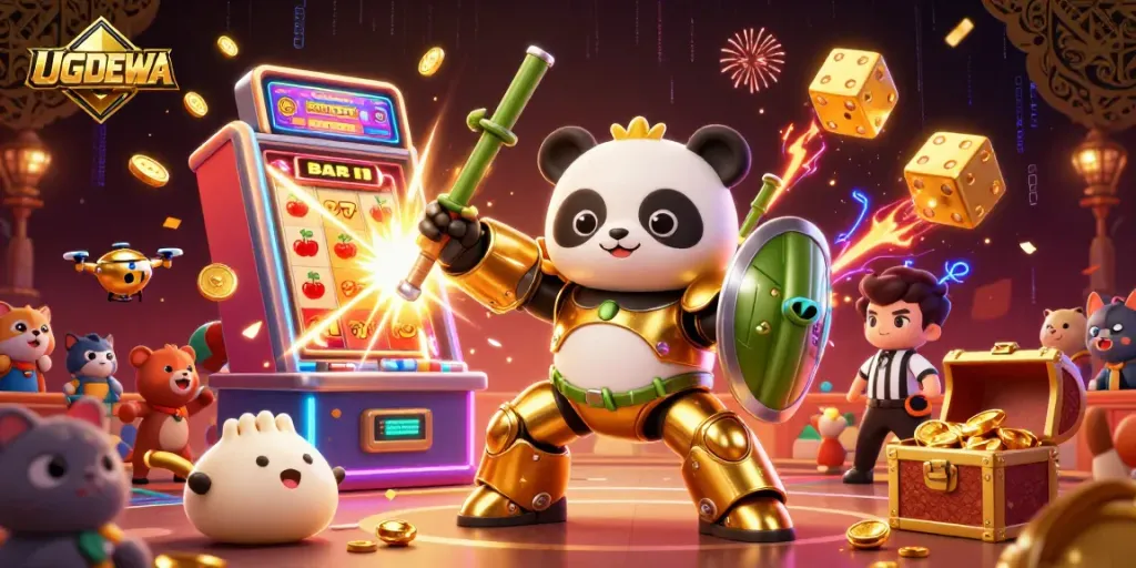 Experience exhilarating gameplay dynamics with UGDEWA in a vibrant casino-themed illustration.