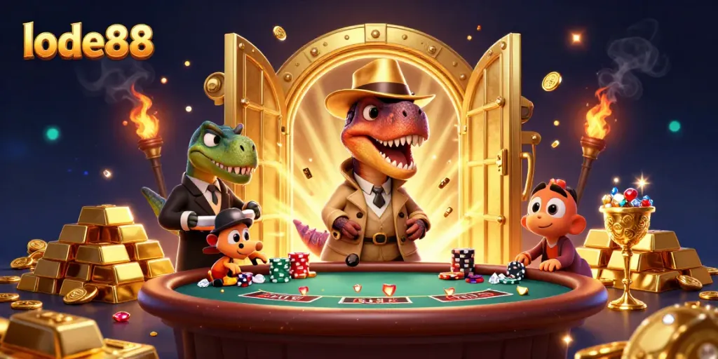 Lode88 players enjoy high-stakes gaming in a vibrant 3D casino scene filled with treasures and excitement.