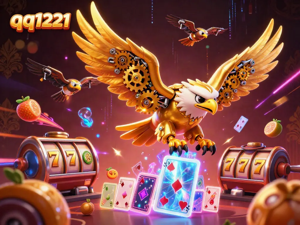 Experience the thrills of qq1221 with a dynamic scene featuring a cybernetic eagle amidst vibrant slot elements.