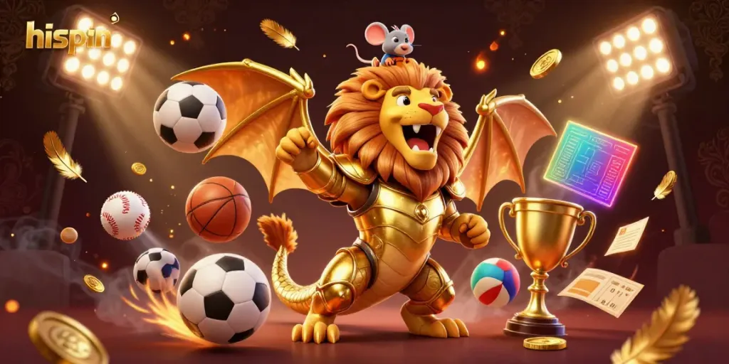 Experience the dynamic gaming action at hispin with a golden chimera, sports balls, and vibrant casino elements.