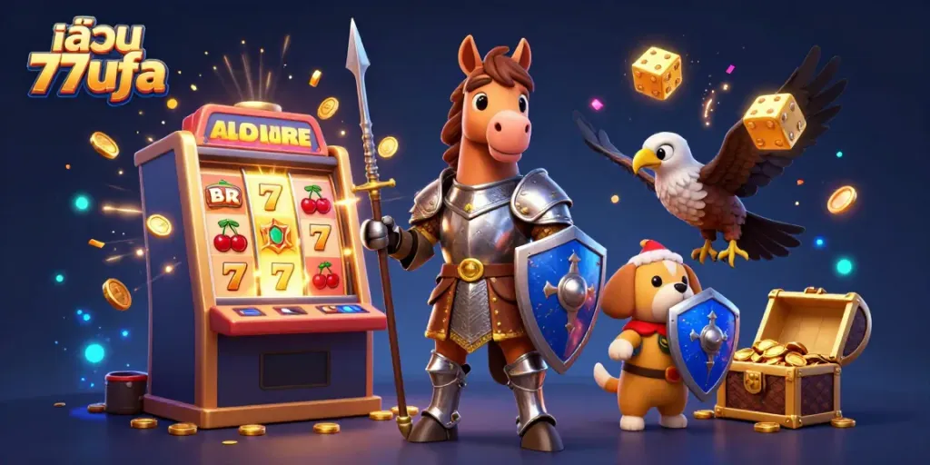 Experience the thrill of gambling with เล่น 77ufa, highlighted by a dynamic 3D illustration of a knight, puppy, and falcon amidst a jackpot explosion and colorful casino games.
