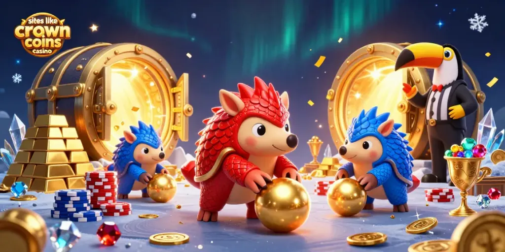 Explore dynamic action in this colorful scene of sites like crown coins casino featuring animated pangolins and treasure.